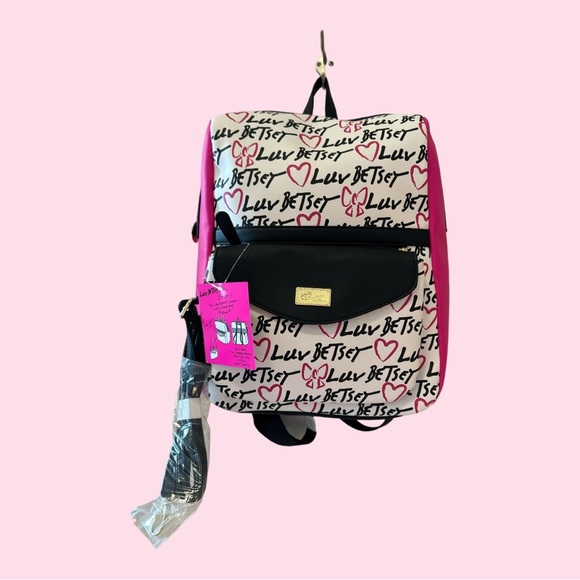 Betsey Johnson White Pink Black Script Heart Backpack main image 9
